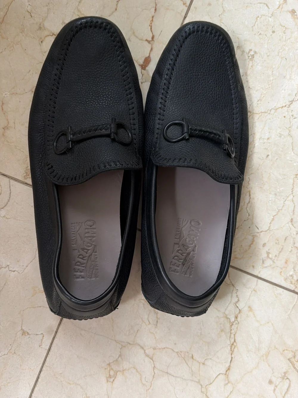 Salvatore Ferragamo Black Pebbled Leather Bit Loafers